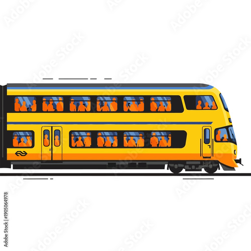 Yellow double decker commuter train moving on tracks with passengers inside