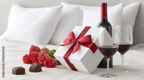 Romantic gift setup with wine, roses and chocolates on bed. Solo celebration concept. Anti-Valentine single lifestyle, self love, independence and personal indulgence