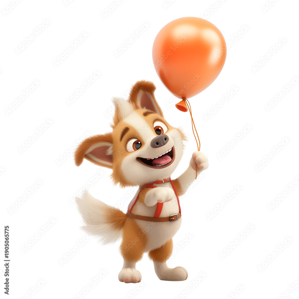 Fototapeta premium Fluffy cartoon puppy holding a balloon, joyful emotion, smooth 3D render, clean white background, children-friendly illustration