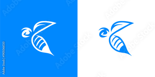 Logo design of a bee illustration in white on a blue and white background, suitable for branding and nature-themed projects