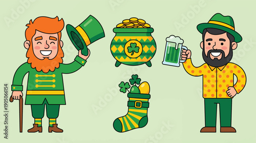 St Patricks Day Characters and Festive Symbols on Light Green Background