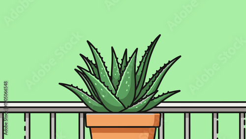Aloe Vera Plant in Terracotta Pot on Balcony Railing Illustration