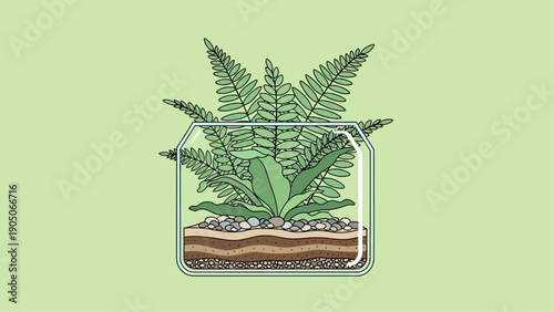 Illustration of a terrarium with layered soil and rocks.