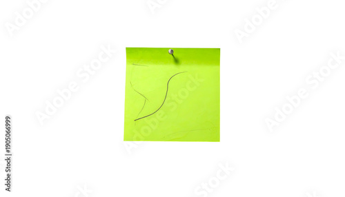 A neon-green sticky note, pinned to a surface with a pushpin, isolated on black