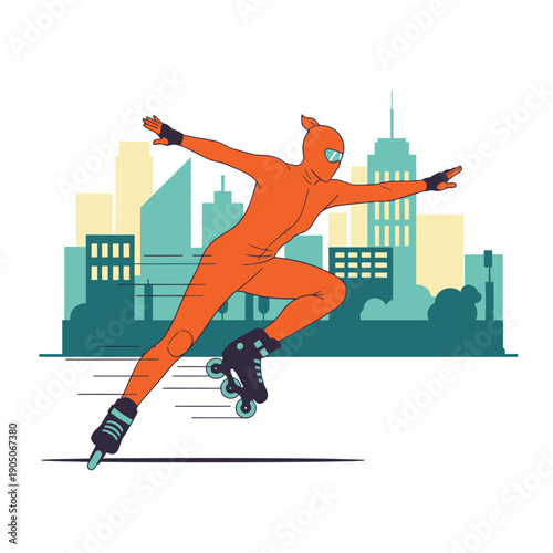 Inline skater wearing orange suit speeding through city outlines