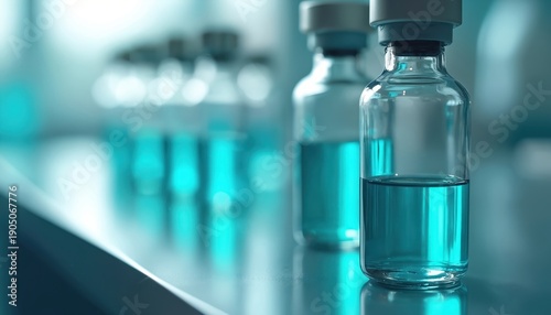 Glass vials with blue liquid arranged in a laboratory. Research and development of new drugs or vaccines for medical treatment. Science and healthcare innovation.