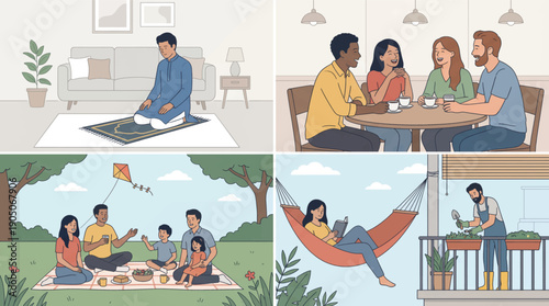 Diverse People Enjoying Daily Activities and Relaxation