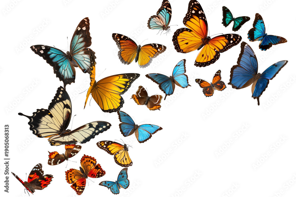 Fototapeta premium School of flying butterflies isolated, colorful wings, realistic macro detail