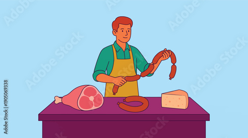Illustration of a Male Butcher Holding Sausages at a Deli Counter