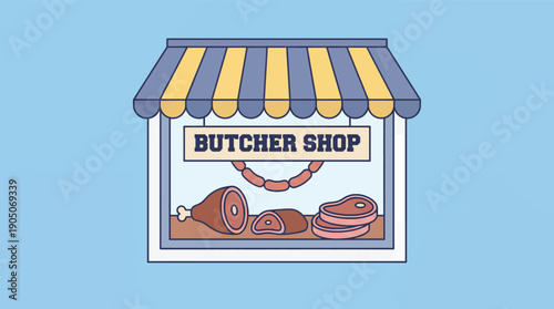 Butcher Shop with Meat Display and Striped Awning Illustration