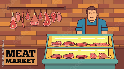 Smiling Butcher Behind Meat Display Case in Market Illustration