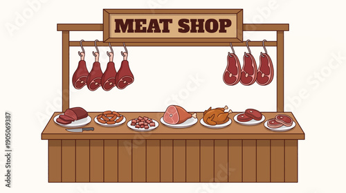 Cartoon Meat Shop Display with Fresh and Prepared Meat Products