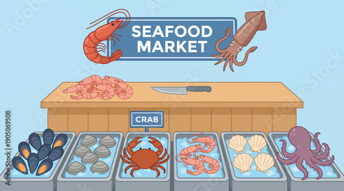 Fresh Seafood Market Stall with Various Shellfish and Cephalopods
