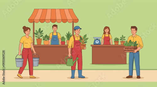 Diverse Group Selling Fresh Plants and Produce at a Local Outdoor Market