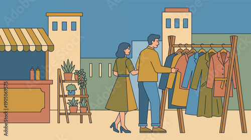 Couple Browsing Fashion on a Clothing Rack at an Outdoor Market