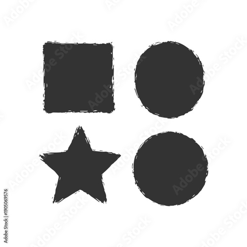 Brush frames. Roughly textured grunge black silhouettes in square, oval, star, and round shapes. Hand-drawn worn elements. Vector set.