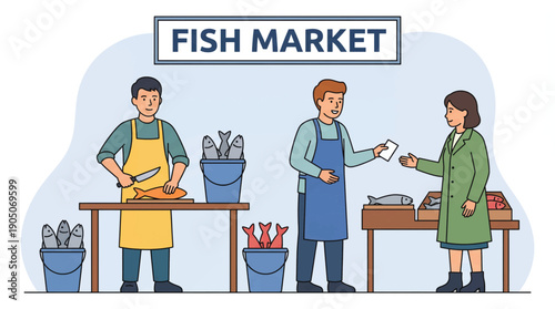 Illustration of Fishmongers and Customer at a Traditional Fish Market