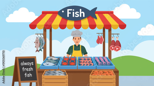 Smiling Male Vendor Selling Fresh Seafood at Outdoor Market Stall