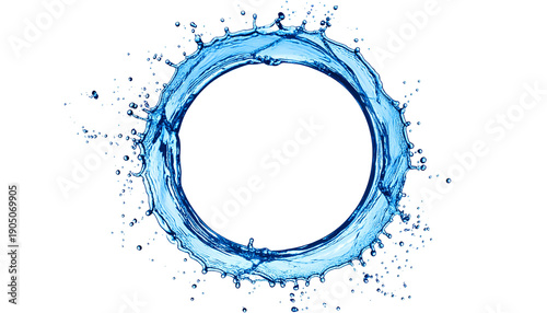 A clear, blue water ring splashes outwards, with a black background, perfect symmetry