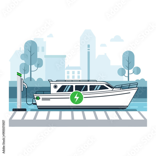 Electric boat charging at a dock in a modern city waterfront