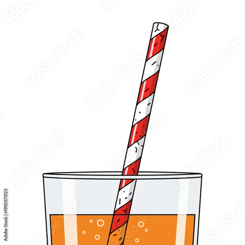 Orange soda drink with bubbles and a red striped straw