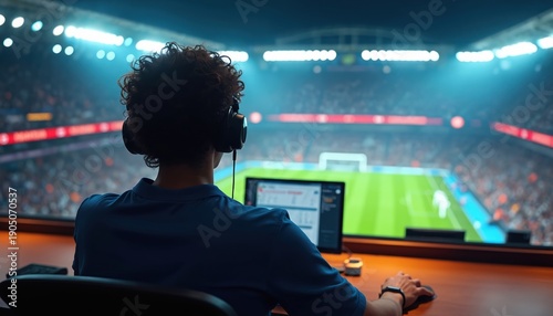 Sports commentator in headphones watches match on computer screen from stadium press box. Man analyzes game statistics on laptop near football field. He prepares live broadcast commentary for viewers.