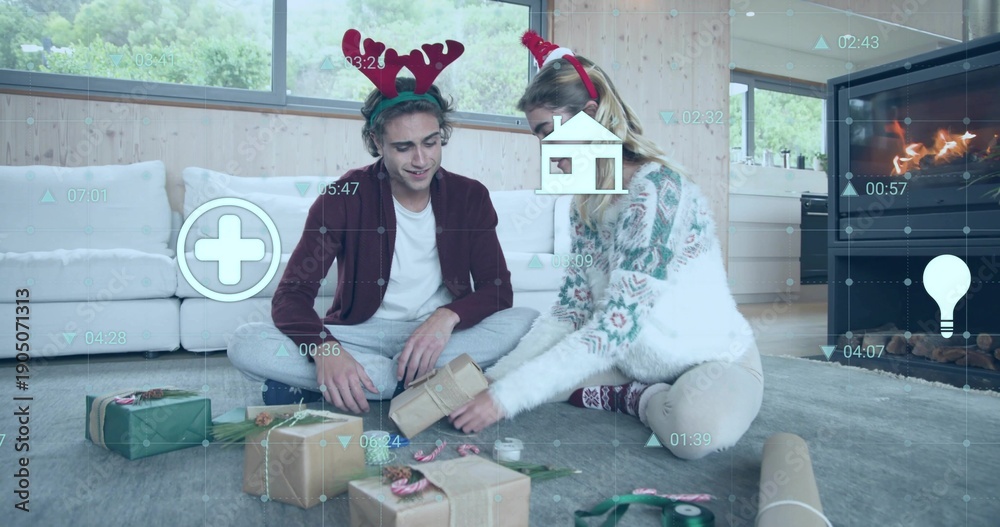 Naklejka premium Wrapping two women sorting small gifts on living room rug, wearing sweater, antlers, HUD overlays