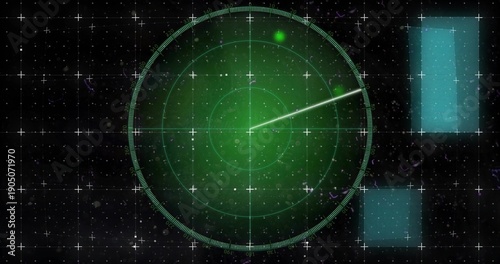 Displaying green circular radar scope centered on control display, with rotating sweep and blip