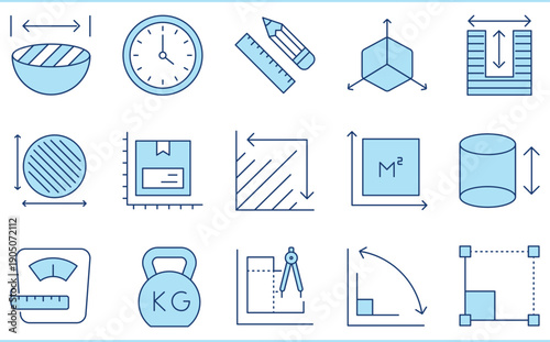 A set of flat icons related to Measurement. Measure, length, weight, graph, unit, area, volume, dimensions, and so on.