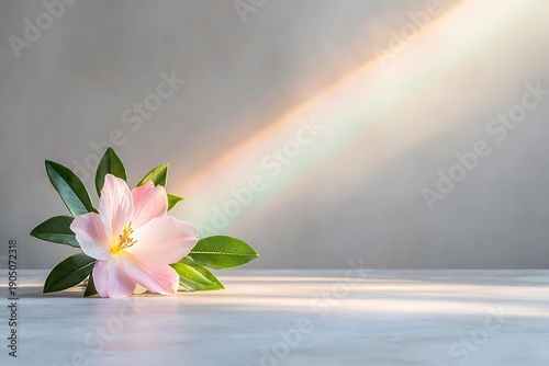 Soft Pink Flower Arrangement with Leaves and Light Reflection on Grey Surface
