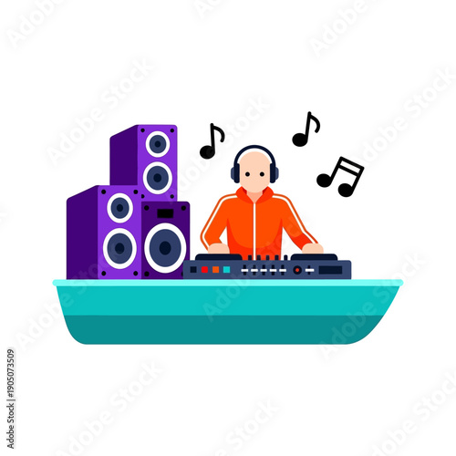 DJ on boat playing music with purple speakers and black musical notes
