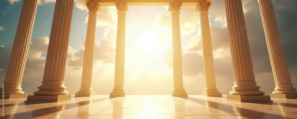 Fototapeta premium Ancient columns stand tall under a bright sunlit sky with clouds. The scene suggests heavenly glory, divine presence, and a spiritual awakening. This image represents hope and faith.