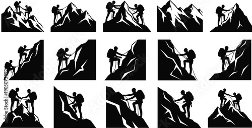 Set of Black Vector Silhouettes of Mountain Climbers and Alpinists Scaling Steep Peaks with Ropes and Gear for Outdoor Adventure Sport and Extreme Hiking Graphics