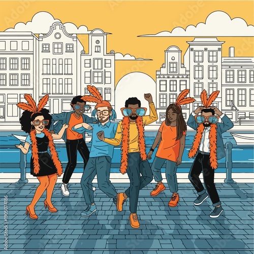 Group of Diverse People Dancing and Celebrating Outdoors Near Water and Buildings