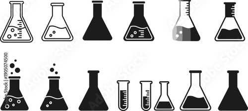Laboratory glassware silhouette icon set featuring flasks, beakers, and test tubes, black chemistry and science equipment illustrations isolated on white background for education and research design