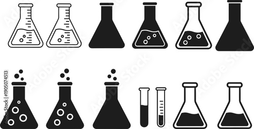 Laboratory glassware silhouettes set illustrating chemistry flasks and test tubes, science experiment icons, black vector equipment isolated on white background for research and education design