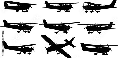 Light aircraft silhouette collection featuring small propeller airplanes in multiple angles, black aviation icons isolated on white background for flight, transport, and aerospace design