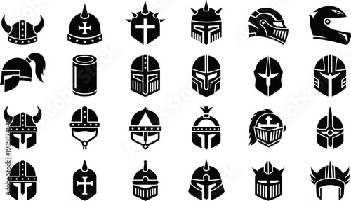 Medieval warrior helmet silhouette icon set featuring Viking, knight, gladiator and fantasy armor designs, ideal for game assets, logo branding, historical illustrations and vector graphics