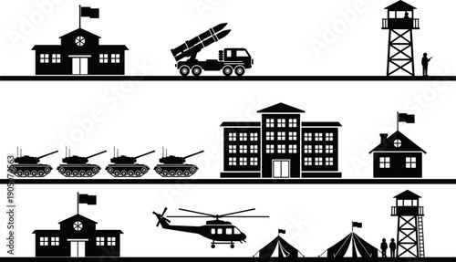 Military base and defense facility silhouette set featuring tanks, missile launcher, helicopter, guard towers, barracks and army camp elements in black vector illustration isolated on white