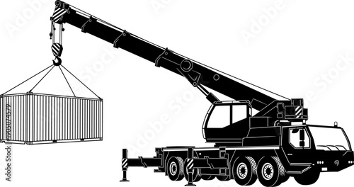 Mobile truck crane lifting shipping container, industrial construction and logistics silhouette illustration for cargo transport, heavy machinery vector design isolated on white background