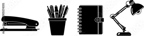 Office stationery silhouette set with stapler, pen holder, notebook, and desk lamp icons for workplace supplies, productivity, business organization, and vector illustration use
