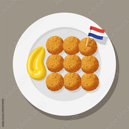 Nine Dutch krokets served with mustard and Dutch flag, traditional savory snack