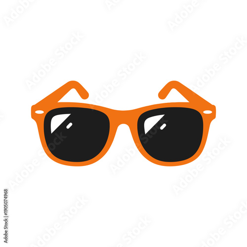 Orange framed sunglasses with black lenses reflecting light, summertime accessory icon