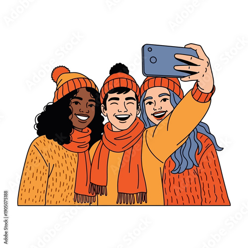 Diverse friends taking a selfie with a male friend in winter hats and scarves