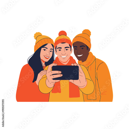 Smiling friends in winter hats and scarves take a selfie outdoors together