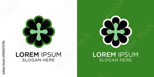 Green Flower logo designs with Lorem Ipsum text for modern branding and marketing needs. B;ack Green Clover Logo. 