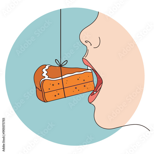 Woman reaching for a piece of cake dangling on a string, craving sweet treats and indulgence