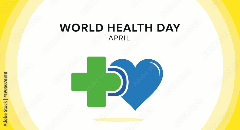Obraz premium “World Health Day vector illustration with green medical cross and blue heart icon, clean modern flat design, minimal style, white background with soft yellow abstract curves, healthcare and wellness 