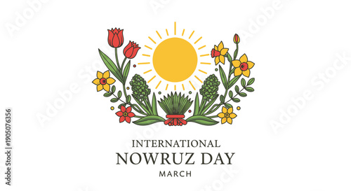 Flat vector illustration of spring flowers and plants arranged around a bright sun, celebrating International Nowruz Day, Persian New Year concept, seasonal renewal and nature rebirth theme, colorful 