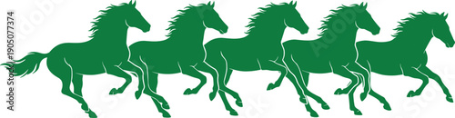 Green silhouette of five running horses in motion isolated on white background, dynamic galloping herd illustration symbolizing freedom, speed, power, energy, teamwork and nature spirit